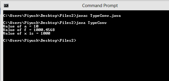 This image describes the output of sample program for type conversion in java.